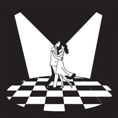 Elegant couple dancing tango under spotlights on a checkerboard dance floor