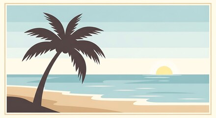 Obraz premium Tropical Beach Sunset with Palm Tree Silhouette and Ocean View.