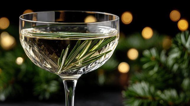 Crystal coupe glass with sparkling cocktail garnished with fresh rosemary against festive bokeh lights and evergreen branches, elegant holiday drink with herbal aroma and reflective cut glass - Powered by Adobe