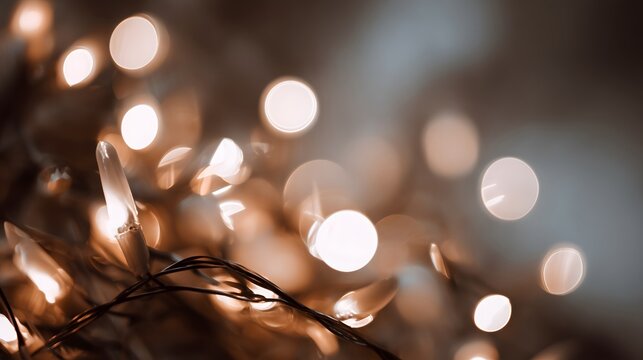 A closeup of warm string lights with glowing bokeh and soft blurred highlights.
