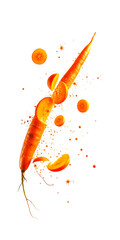 Sliced Carrot And Carrot Slices Explode With Juice And Droplets On A Transparent Background