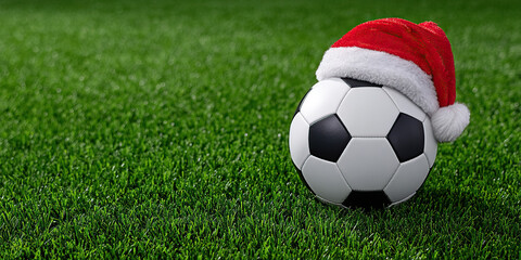 Christmas soccer ball with red Santa hat on green grass field, festive sports concept with seasonal decoration and holiday mood
