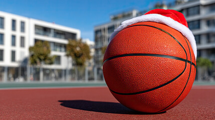 Basketball with Santa hat on outdoor court in urban neighborhood, festive sports concept with bright sunlight and shallow depth of field