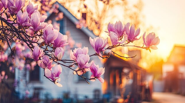 Vibrant pink blossoms bloom on branches against a softly lit residential backdrop during golden hour - Powered by Adobe