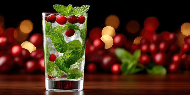 Cranberry mint mocktail in tall glass with ice, fresh mint leaves and floating berries, festive bokeh lights and wooden surface evoke refreshing holiday celebration