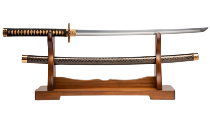Traditional Japanese katana sword with a polished steel blade and black handle wrapped in white cord.