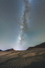 Stunning night sky over Mount Teide in Tenerife, Canary Islands. The Milky Way arches across the sky above the volcanic landscape of Teide National Park. A breathtaking astrophotography scene perfect 