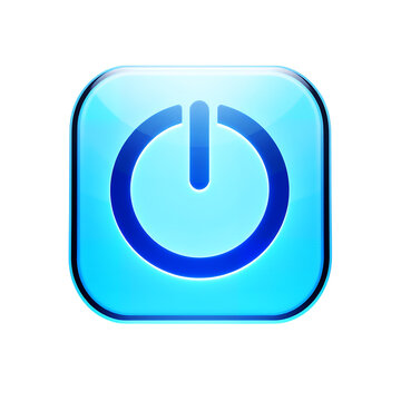 Bright blue square button with glowing power symbol transparent background