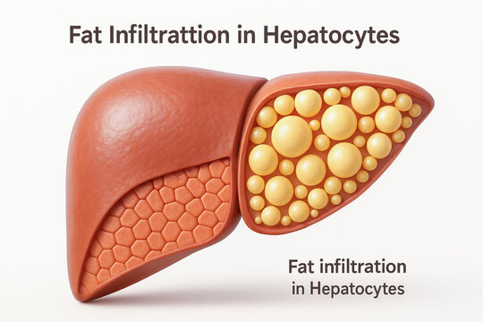 Fatty liver illustration showing hepatocyte fat infiltration with large lipid droplets and healthy tissue contrast, medical concept, educational and clinical visualization