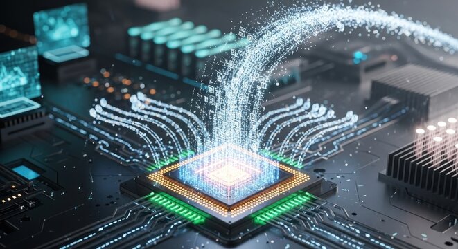 A futuristic circuit board with light trails and digital elements. - Powered by Adobe