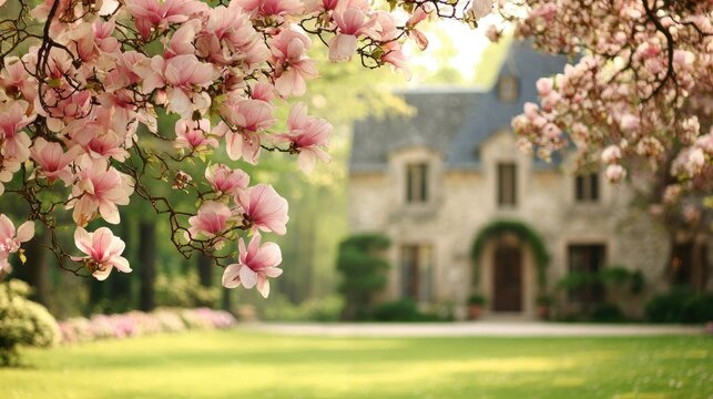 Pink magnolia blossoms frame a stately stone home with a lush green lawn.