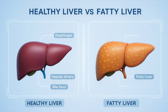 Healthy liver and fatty liver comparison showing normal reddish liver with bile duct and hepatic artery labels contrasted with enlarged yellow spotted fatty liver illustration conveying medical