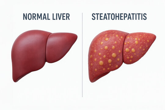 Normal liver steatohepatitis comparison showing healthy smooth liver tissue beside fatty inflamed liver with yellow lipid nodules and mottled texture, medical anatomical educational illustration