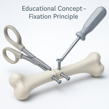 Educational concept fixation principle bone fracture fixation with screws screwdriver forceps orthopedic fixation educational diagram emotional clarity