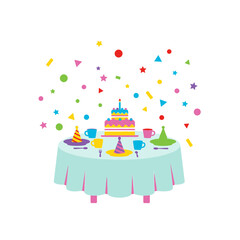 Festive Birthday Party Table with Cake and Decorations.