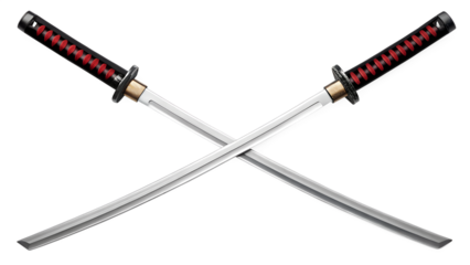 Katana Two crossed swords are isolated objects of metal and steel on a white background