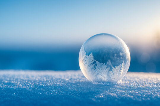 Frozen soap bubble resting on snow under soft morning light, intricate ice crystal patterns forming inside the transparent sphere, macro winter composition perfect for minimalist, seasonal designs