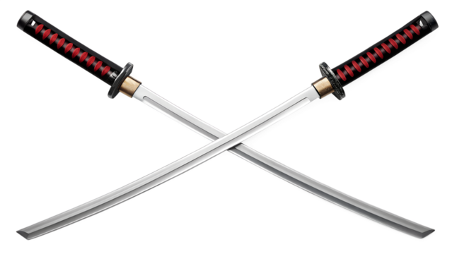 Katana Two crossed swords are isolated objects of metal and steel on a white background