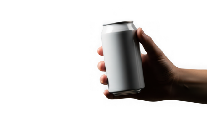 Hand holding a blank aluminum can isolated on transparent background