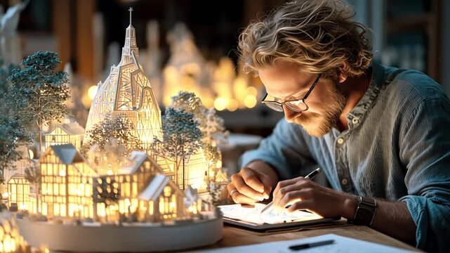 Professional architect drafting detailed paper city model, working intently on digital tablet with precision and innovative design approach for urban planning concept