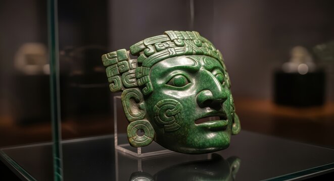 Ancient mayan jade mask with intricate carvings in museum display