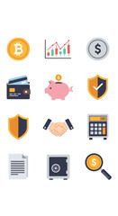 Financial Icons Set - Bitcoin, Graph, Coin, Card, Piggy Bank, Shield, Handshake, Calculator, Document, Safe, Magnifying Glass.