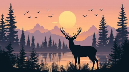 Silhouette of Stag by Lake at Sunset with Mountain and Pine Forest Background