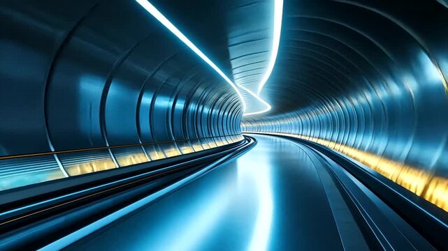 Blue futuristic tunnel with bright lights, curving track receding into depth