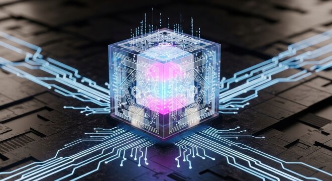 A futuristic, digital cube with glowing, neon lights on a black circuit board background. - Powered by Adobe