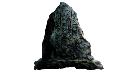 Ancient weathered stone monolith engraved with mysterious runic symbols invoking history and forgotten lore