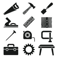 Carpentry and Woodworking Tools Silhouette Set – Black and White Vector Icons of Hammer, Saw, Chisel, Wood Texture, and Workshop Equipment