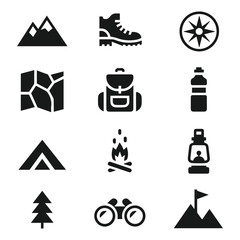 Camping and Hiking Adventure Icons Set. Black Silhouette Vector of Outdoor Equipment, Travel, Nature, and Exploration Symbols