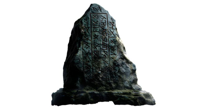Ancient weathered stone monolith engraved with mysterious runic symbols invoking history and forgotten lore