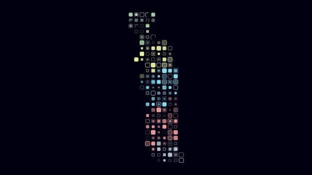 Togo animated country shape. Pulsating colored dots on the map of the country. Large size rounded square blocks. Digital style Togo map on dark background. Artistic animation video.