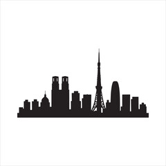 Naklejka premium Black silhouette of Tokyo city skyline with famous tower and urban buildings on white background illustration
