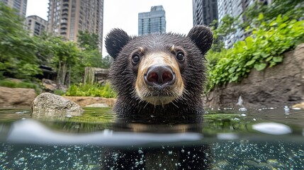 Close - up of a Black Bear Swimming in an Urban Zoo Environment with City Buildings in the Background