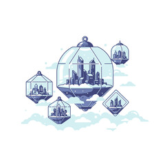 Floating Cityscapes in Glass Orbs - A Whimsical Architectural Illustration.