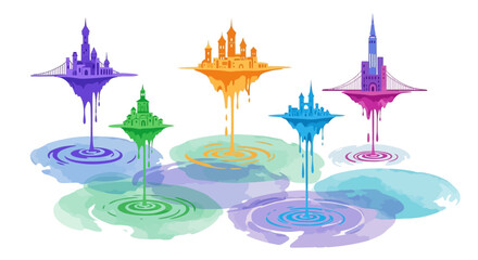 Floating Castles Reflecting in Water, Fantasy Architecture Illustration.