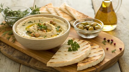 Hummus platter with pita bread and olives on wooden board