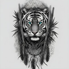 Tattoo design featuring a fierce tiger with striking blue eyes, showcasing intricate details and bold lines.