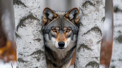 Gray Wolf Peeking Through Birch Trees in a Wintry Forest