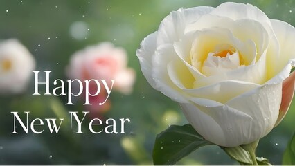 Beautiful white rose with happy new year greeting in soft focus garden