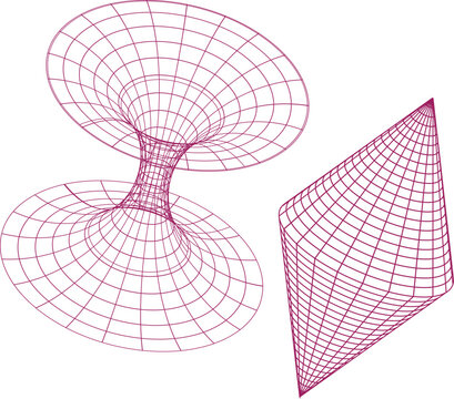 Abstract 3d mathematical visualization of a wormhole and a curved surface with a grid overlay
