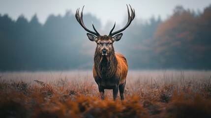 Red Deer Stag in a Golden Field with Large Antlers