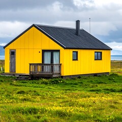 Bright yellow, small wooden house, dark roof, grassy field, cloudy skies