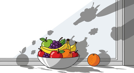 Fruit Bowl Still Life with Apples, Bananas, Grapes, and Orange.