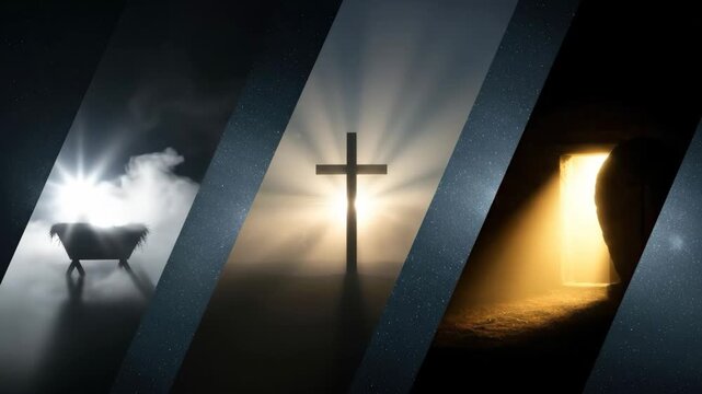 Nativity scene to cross to empty tomb. Christian journey, birth, death, and resurrection of religious symbolism. Lent and Easter.