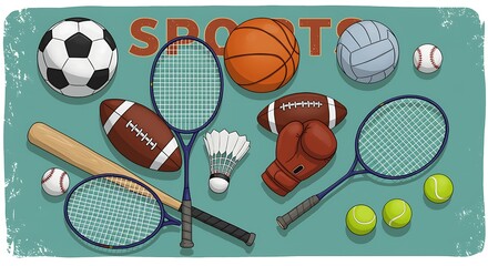 Collection of various sports equipment on a teal background