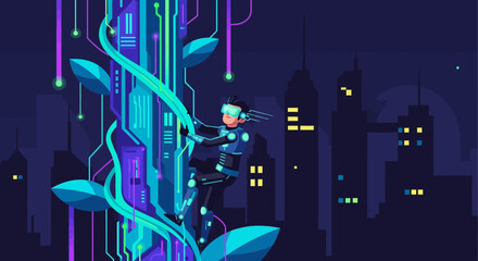 Futuristic Climber on Digital Vine in Cityscape.