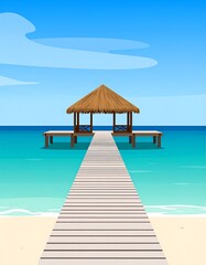 Cartoon beach scene with a wooden pier, gazebo, and clear blue water
